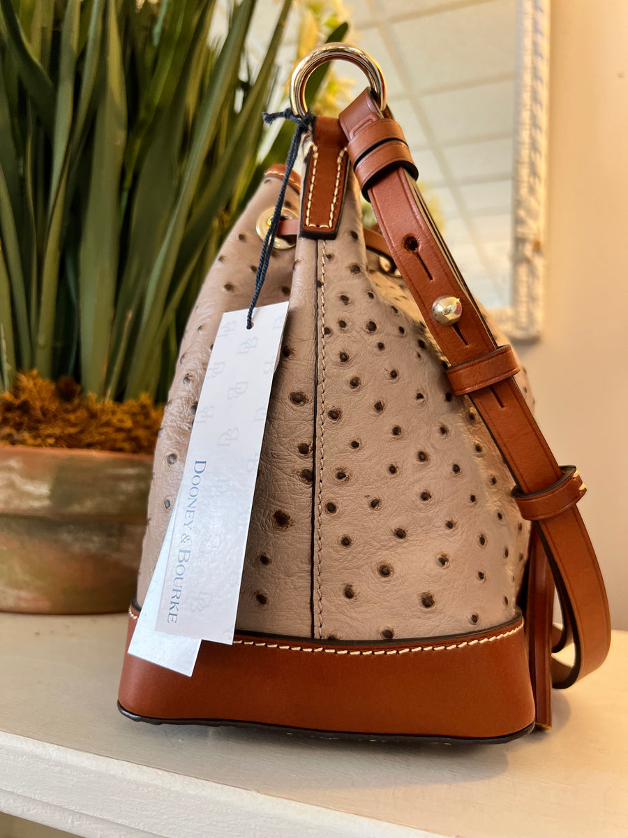 Dooney and Bourke Ostrich Embossed Leather Drawstring Bucket Bag