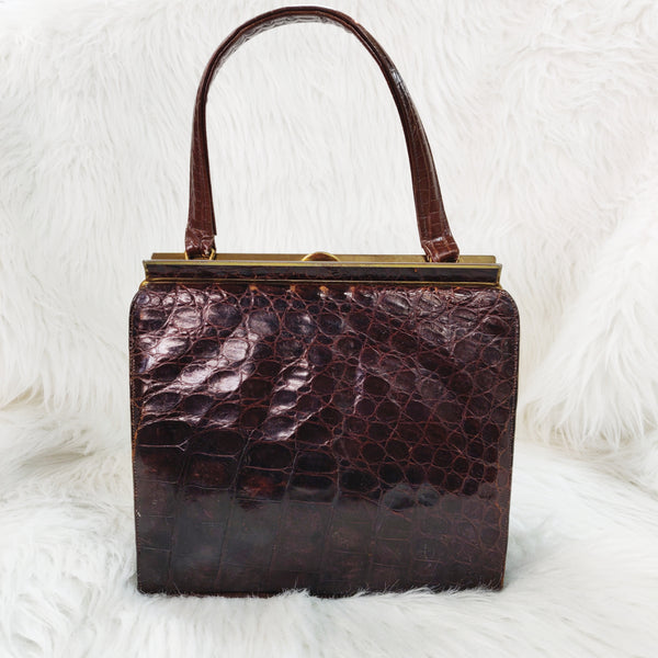 BELLESTONE Alligator Bag 1950s Purse Leather Brown Vi… - Gem